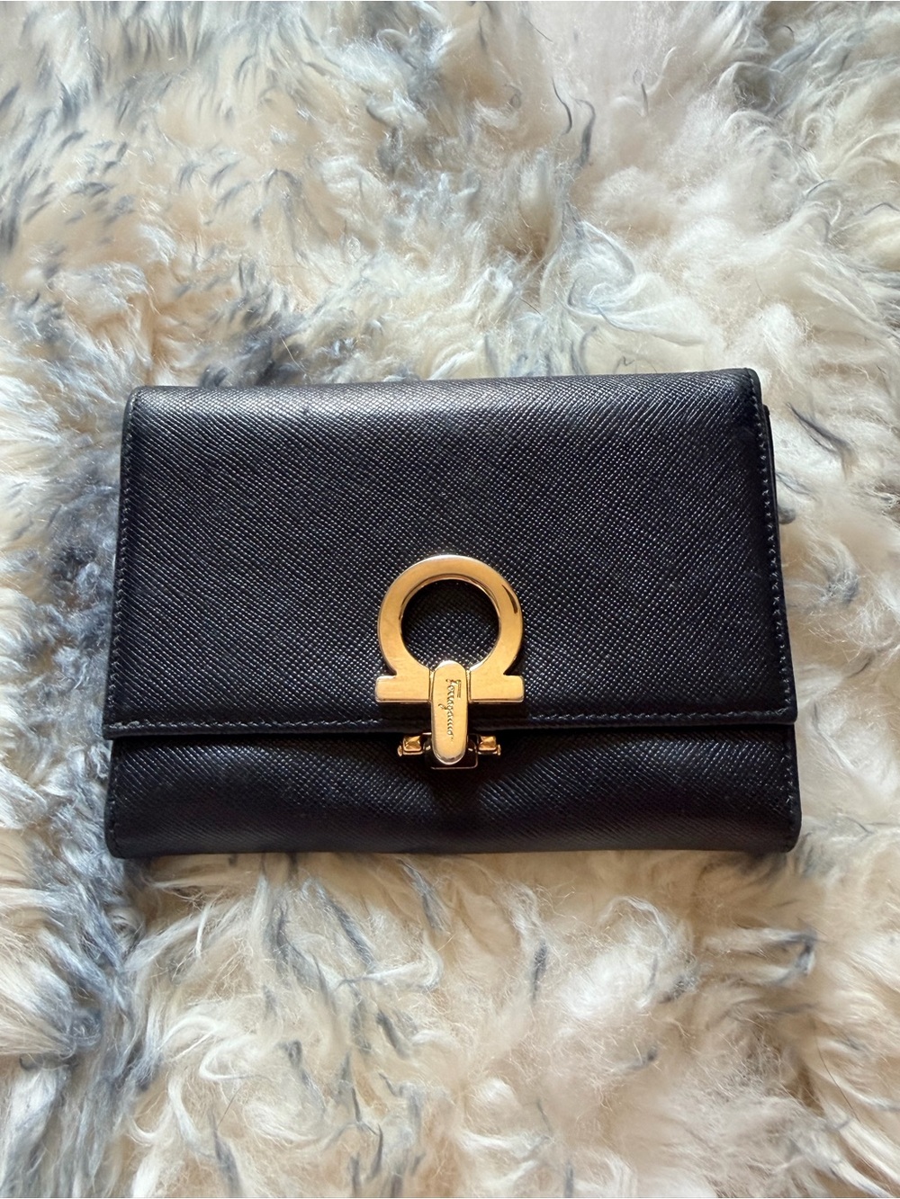 Salvatore Ferragamo Black Leather Gancini Clasp Wallet with Gold Hardware